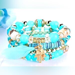 bohemian-style stackable bracelet set turquoise/blue and gold-toned beads